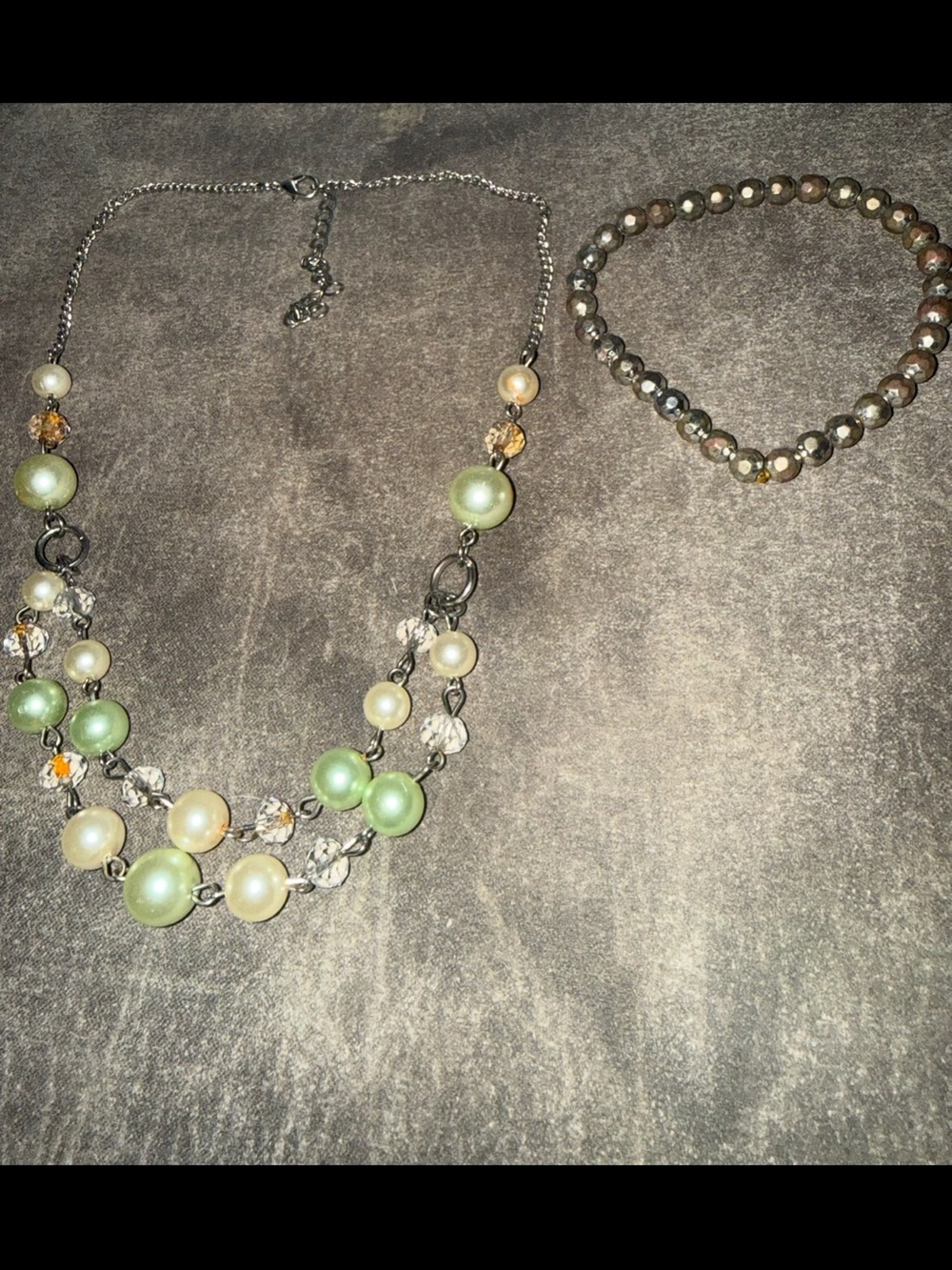 Green and Cream Layered Beaded Necklace with Coordinating Brown Bracelet